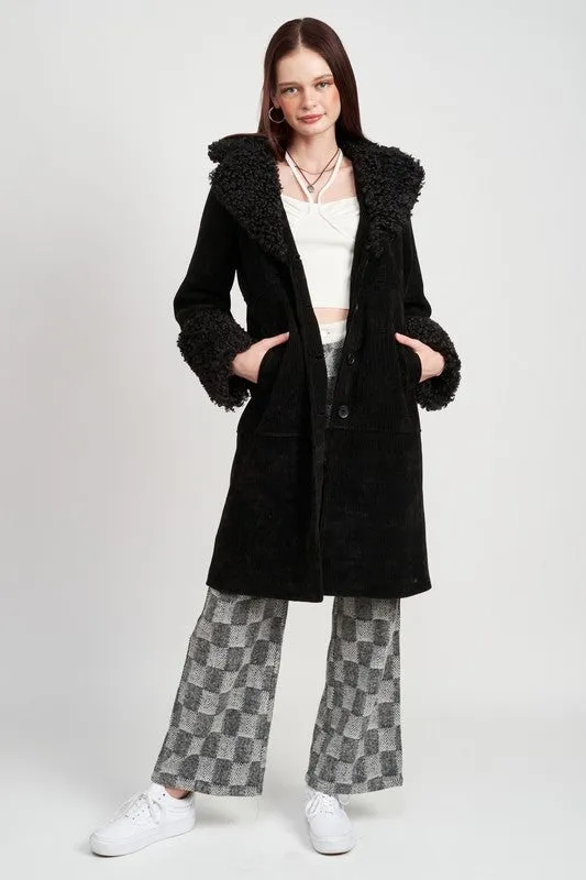 Faux Shearling Trim Corduroy Coat