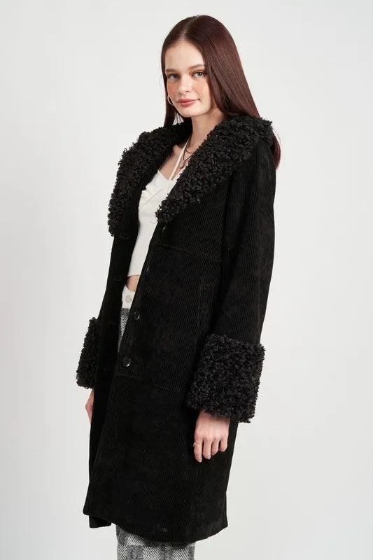 Faux Shearling Trim Corduroy Coat
