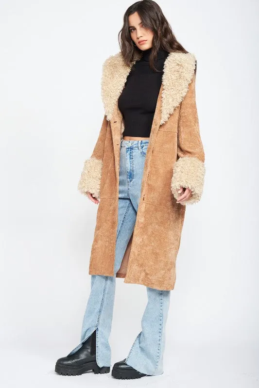 Faux Shearling Trim Corduroy Coat