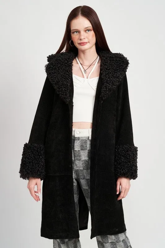 Faux Shearling Trim Corduroy Coat