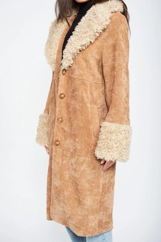 Faux Shearling Trim Corduroy Coat