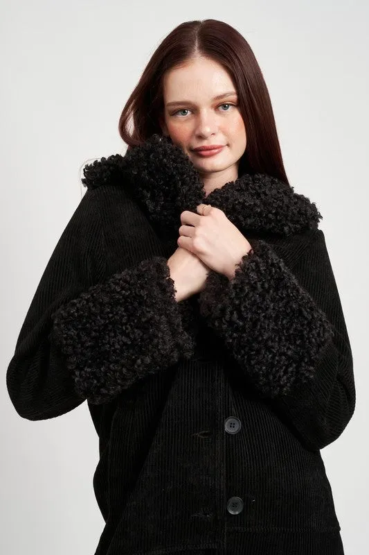 Faux Shearling Trim Corduroy Coat