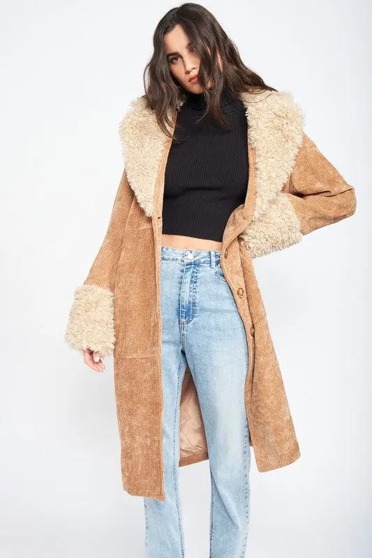 Faux Shearling Trim Corduroy Coat