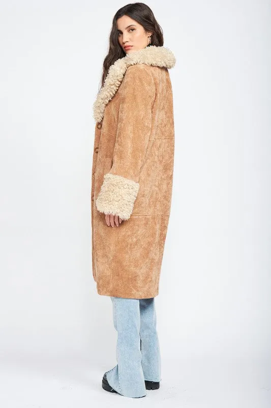 Faux Shearling Trim Corduroy Coat