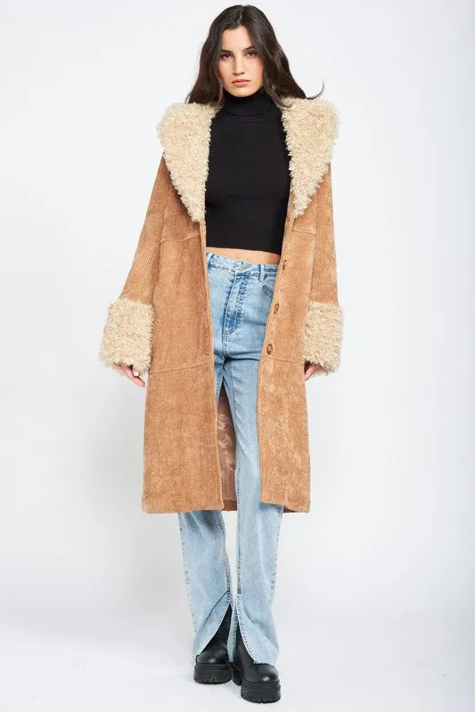 Faux Shearling Trim Corduroy Coat