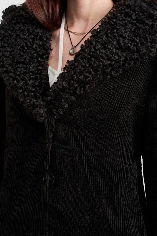 Faux Shearling Trim Corduroy Coat