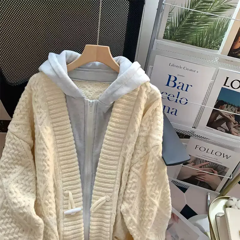 Faux Two-pieces PatchworkZipped Cardigan