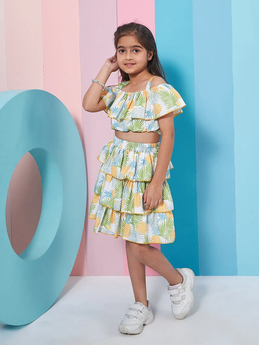 Girls White and yellow Tropical Printed Crop Top With Layered Skirt (sk-pineapple)