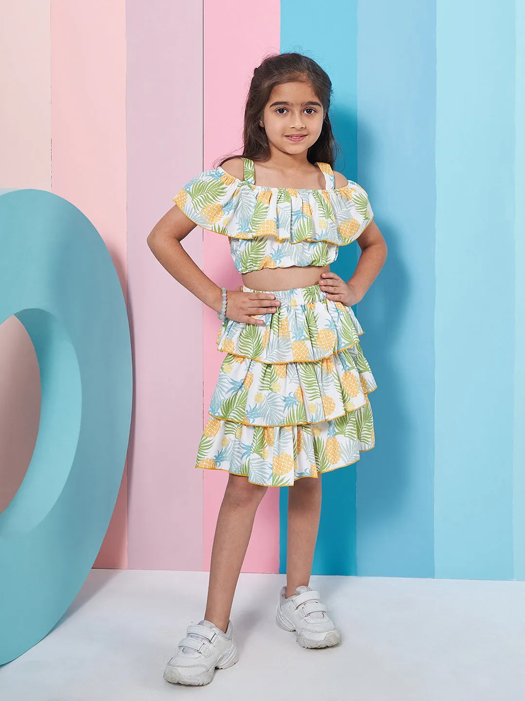 Girls White and yellow Tropical Printed Crop Top With Layered Skirt (sk-pineapple)