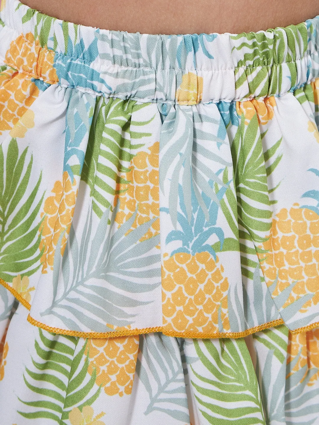 Girls White and yellow Tropical Printed Crop Top With Layered Skirt (sk-pineapple)