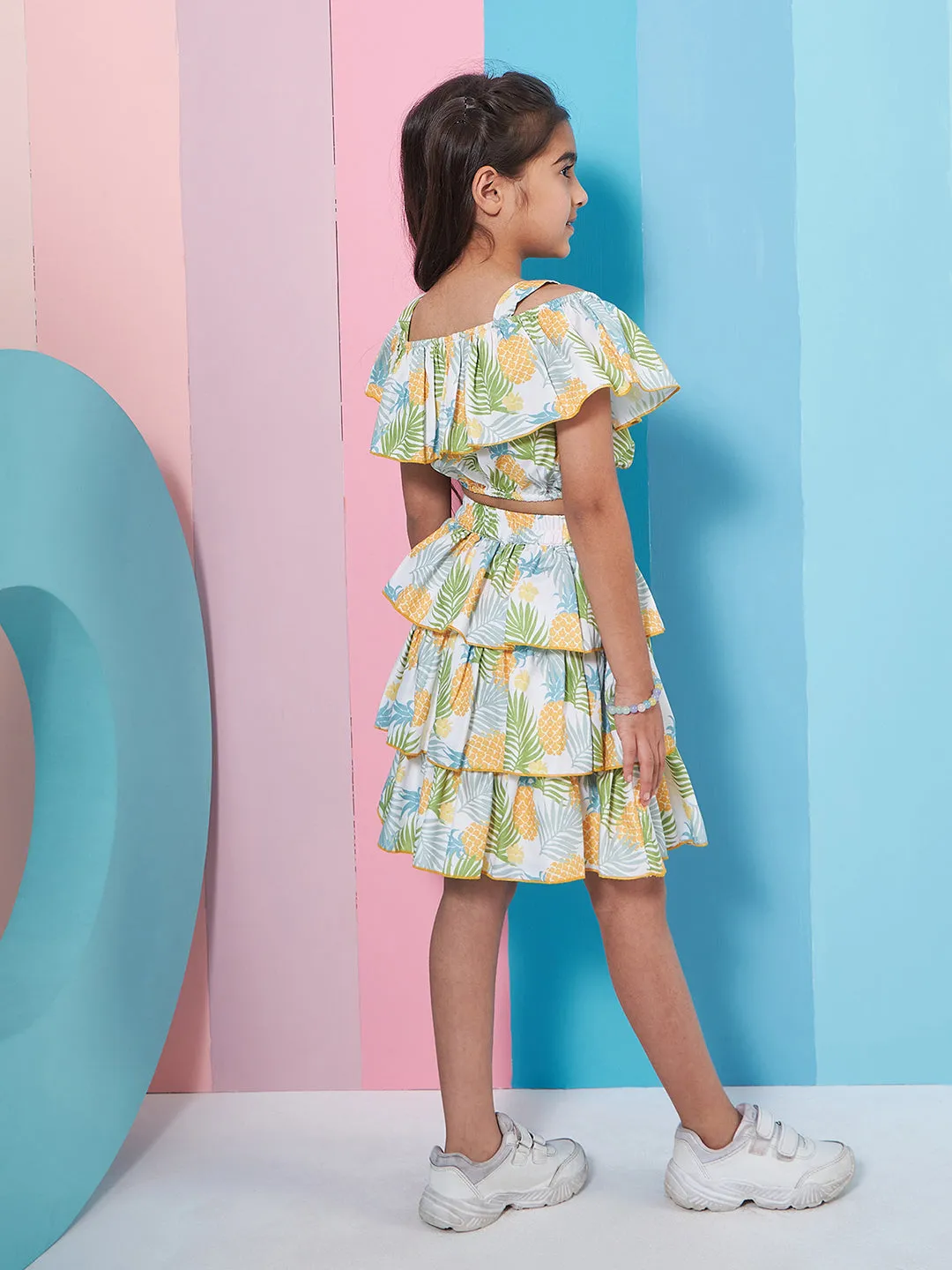 Girls White and yellow Tropical Printed Crop Top With Layered Skirt (sk-pineapple)