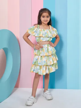 Girls White and yellow Tropical Printed Crop Top With Layered Skirt (sk-pineapple)