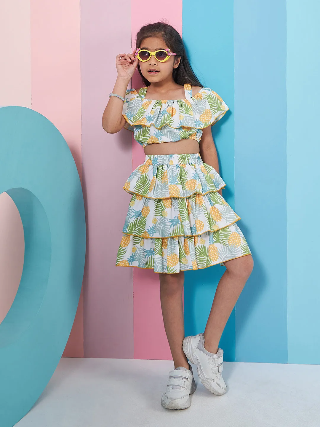 Girls White and yellow Tropical Printed Crop Top With Layered Skirt (sk-pineapple)