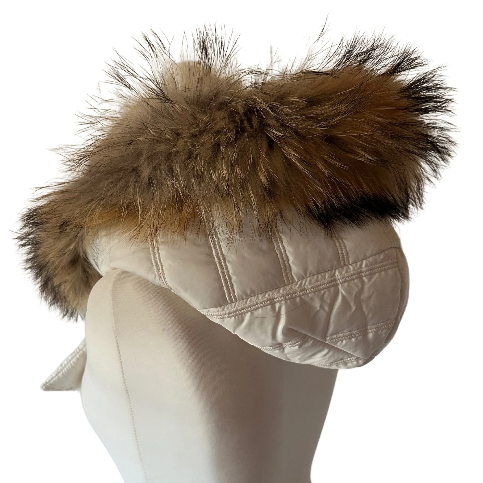 Ivory Hood Scarf Puffer Warm Quilted Downy Waterproof Padded Insulated Headdress With Natural Fur TrimIvory