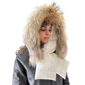 Ivory Hood Scarf Puffer Warm Quilted Downy Waterproof Padded Insulated Headdress With Natural Fur TrimIvory