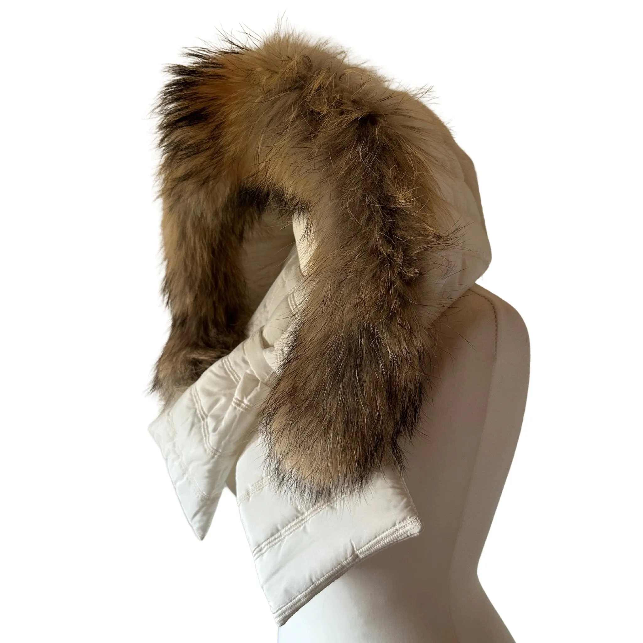 Ivory Hood Scarf Puffer Warm Quilted Downy Waterproof Padded Insulated Headdress With Natural Fur TrimIvory