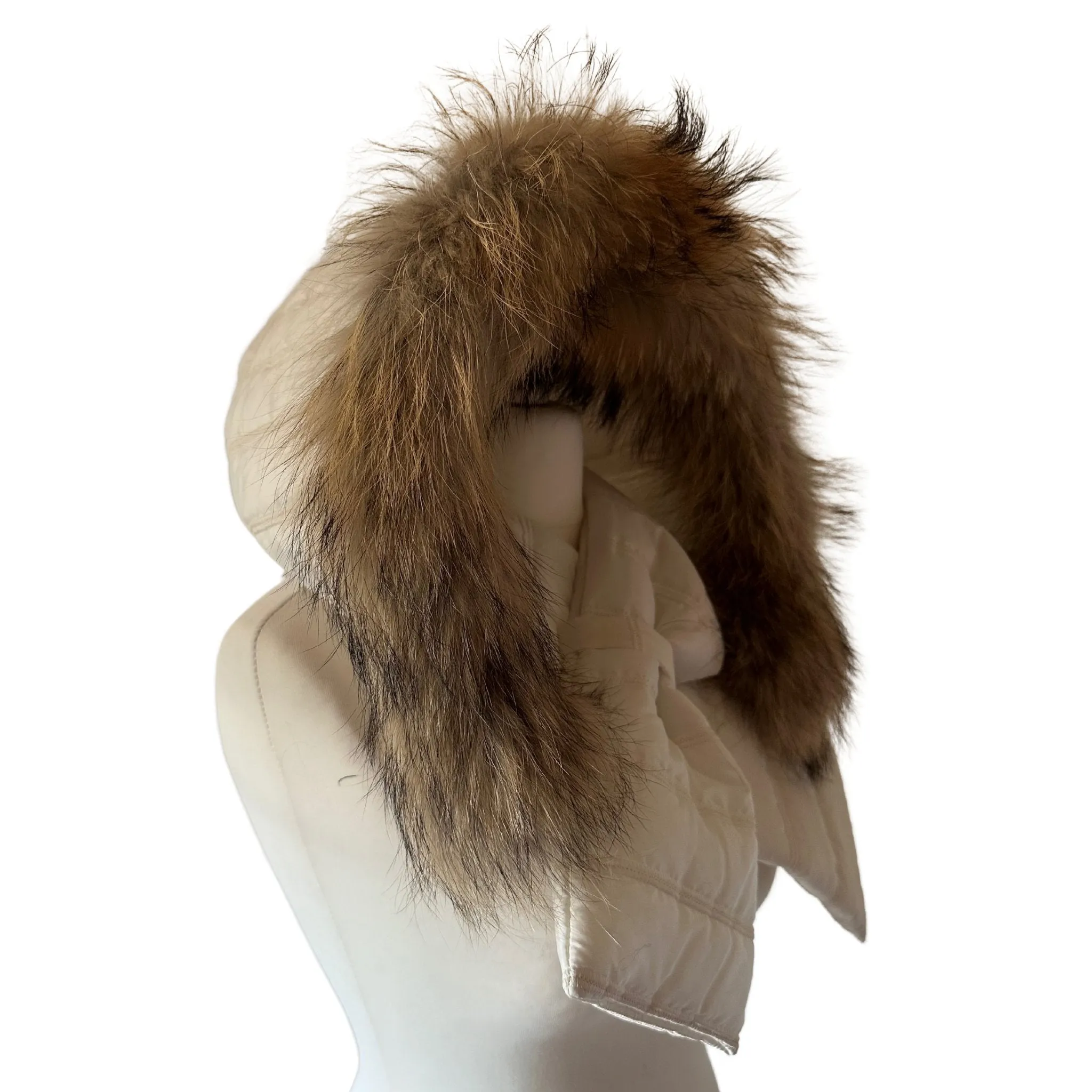 Ivory Hood Scarf Puffer Warm Quilted Downy Waterproof Padded Insulated Headdress With Natural Fur TrimIvory