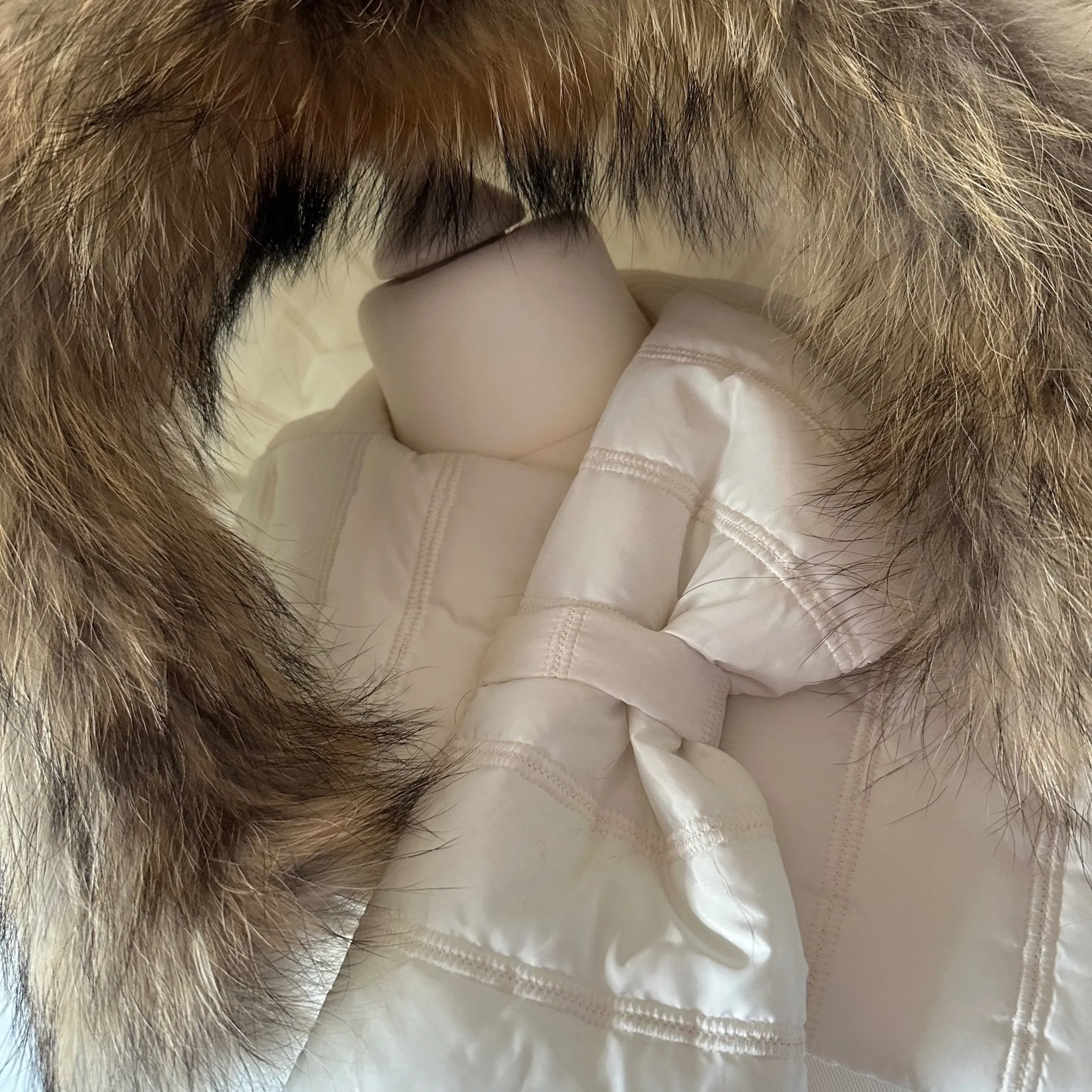 Ivory Hood Scarf Puffer Warm Quilted Downy Waterproof Padded Insulated Headdress With Natural Fur TrimIvory