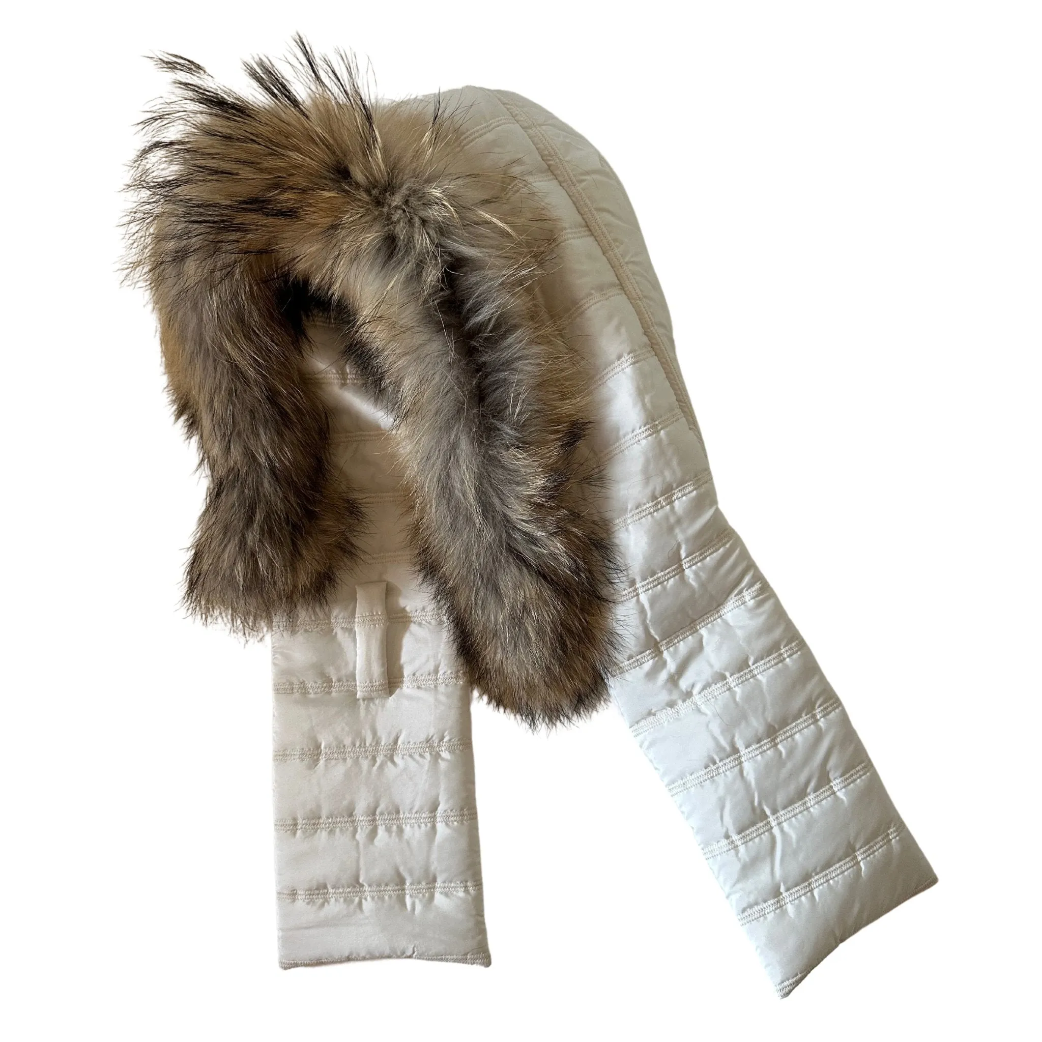 Ivory Hood Scarf Puffer Warm Quilted Downy Waterproof Padded Insulated Headdress With Natural Fur TrimIvory