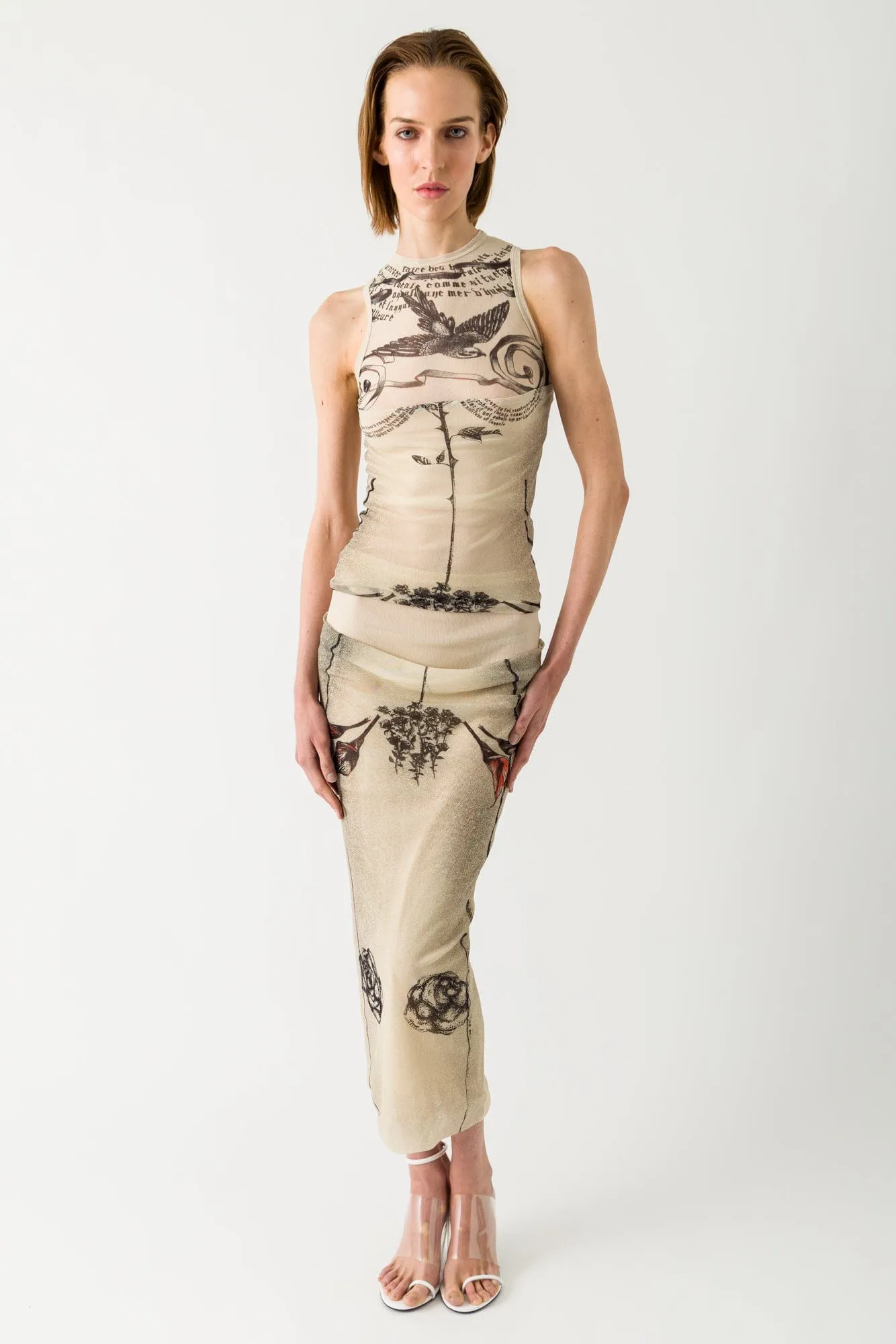 Jean Paul Gaultier Tattoo Rose and Bird Double Layer Skirt
