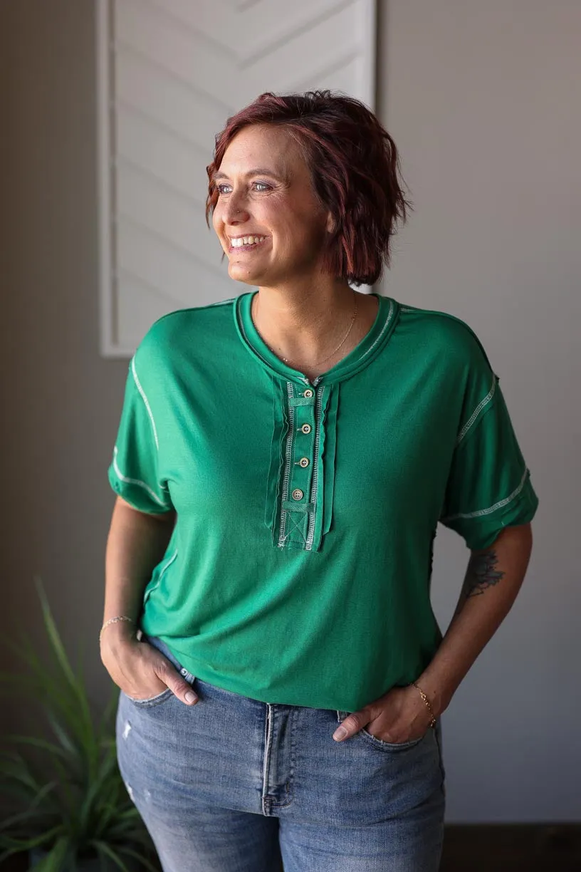 Kelly Green Contrast Stitching Henley Top, S-3XL PLUS