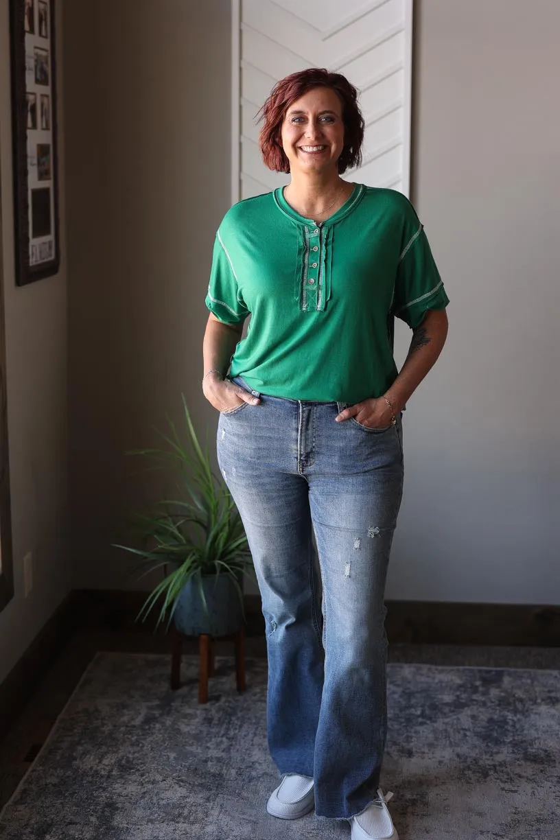Kelly Green Contrast Stitching Henley Top, S-3XL PLUS