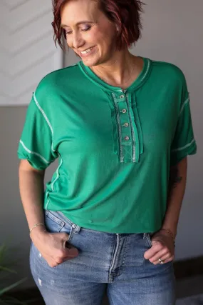Kelly Green Contrast Stitching Henley Top, S-3XL PLUS