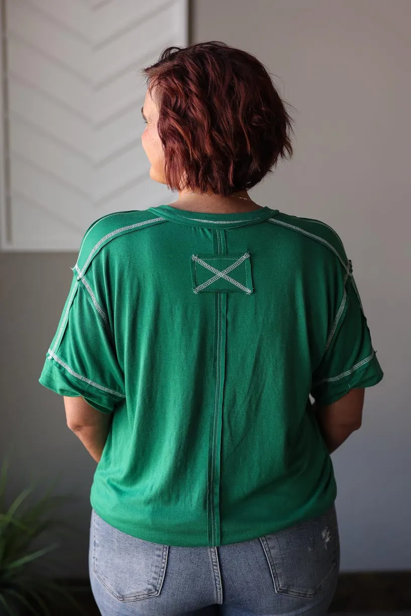 Kelly Green Contrast Stitching Henley Top, S-3XL PLUS