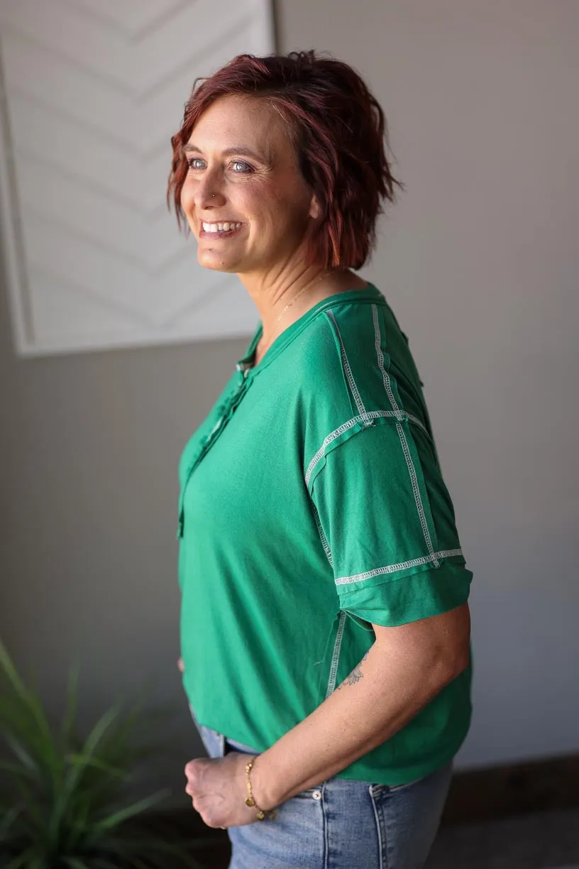 Kelly Green Contrast Stitching Henley Top, S-3XL PLUS
