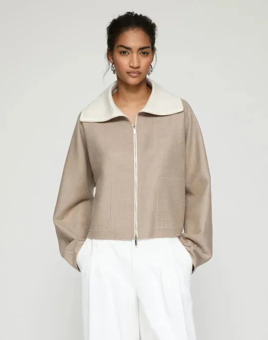 Lafayette 148 Two Tone Wool-Silk Double Face Bomber Jacket in Hickory Melange/Cloud