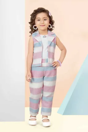 Lavender And Blue Striped Top And Pant Set With Overcoat For Girls