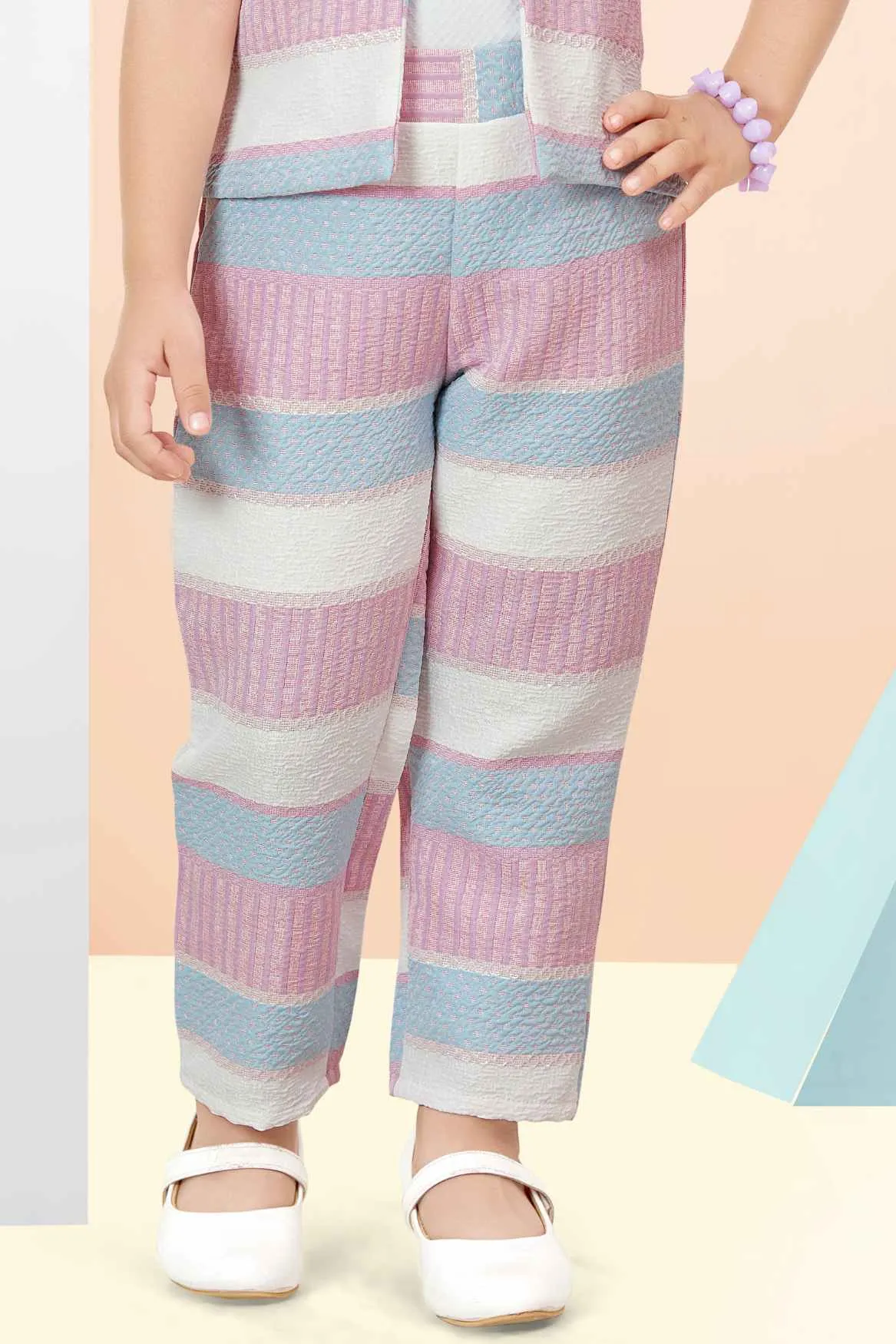 Lavender And Blue Striped Top And Pant Set With Overcoat For Girls
