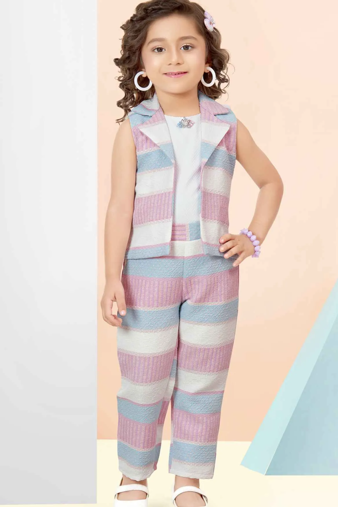 Lavender And Blue Striped Top And Pant Set With Overcoat For Girls
