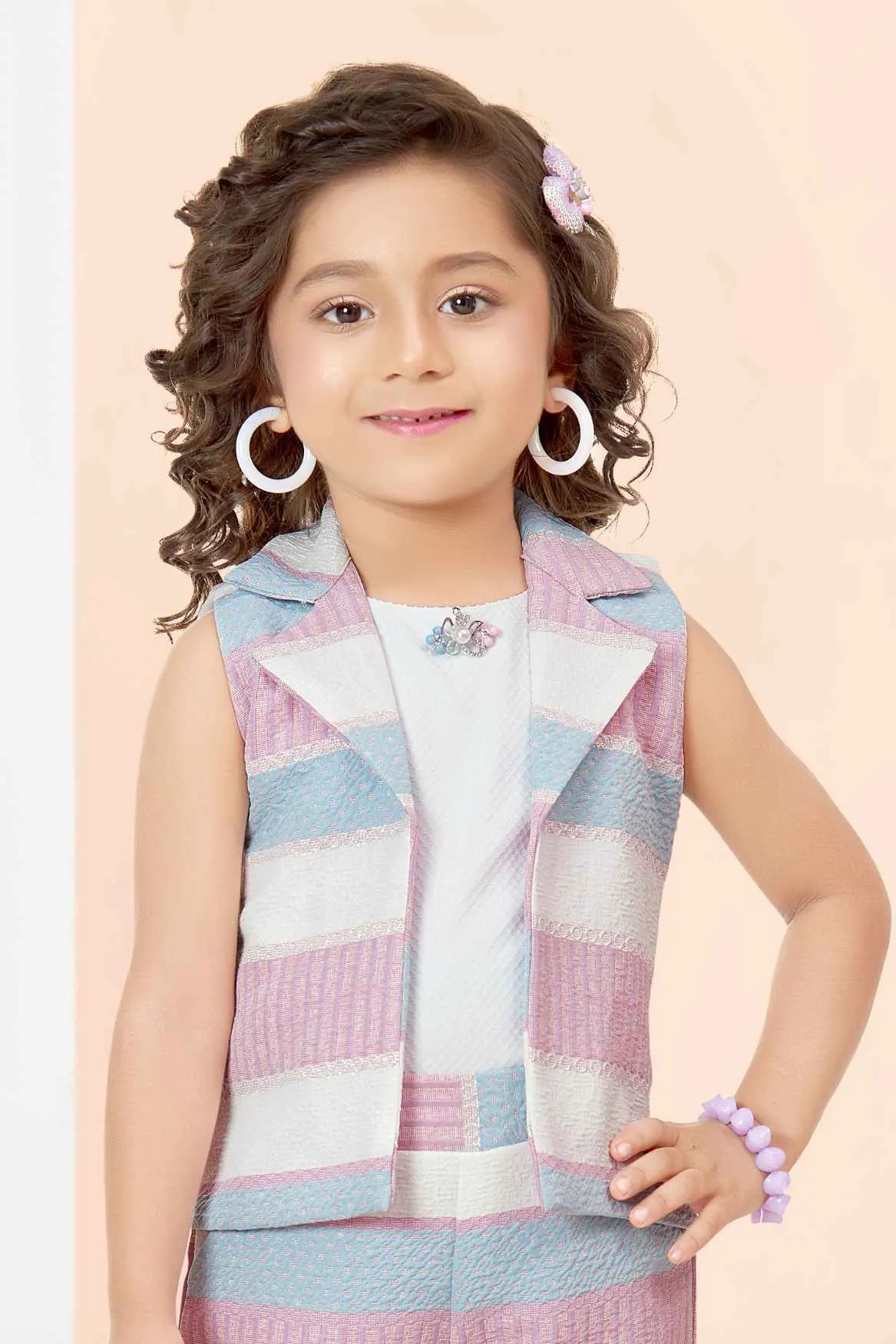 Lavender And Blue Striped Top And Pant Set With Overcoat For Girls