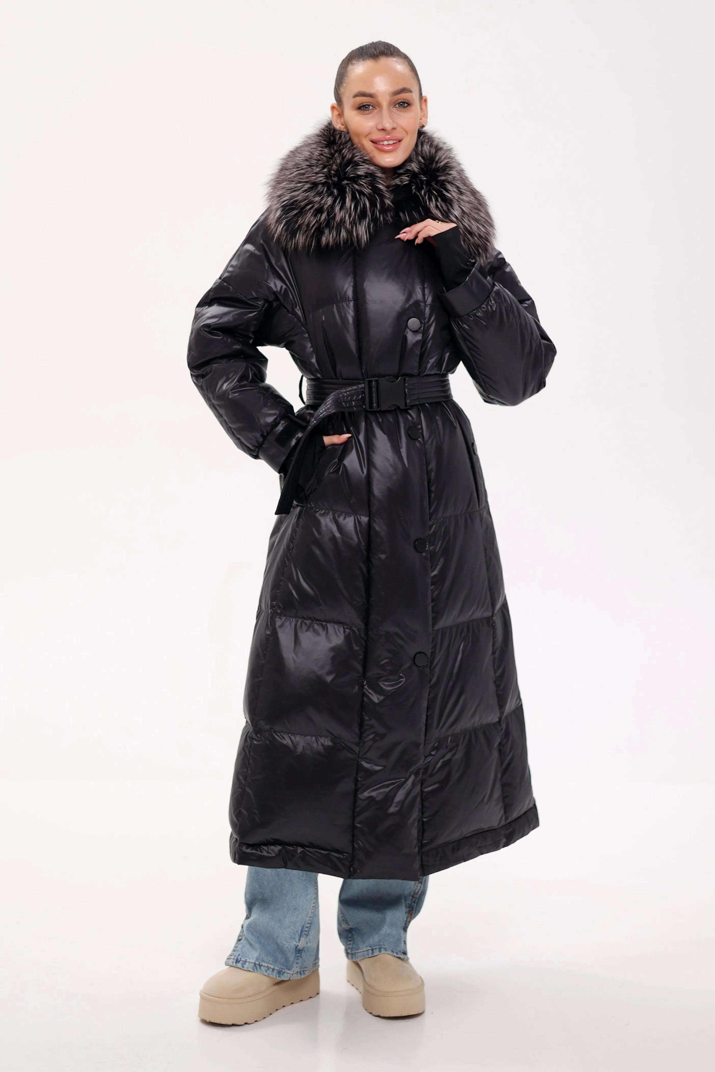 Lexi Genuine Silver Fox Fur Trim Down Fill Coat