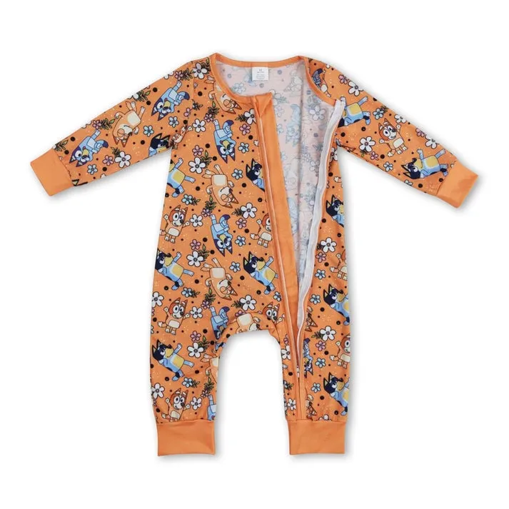 Long Sleeves Floral Dog Girls Bamboo Zipper Romper