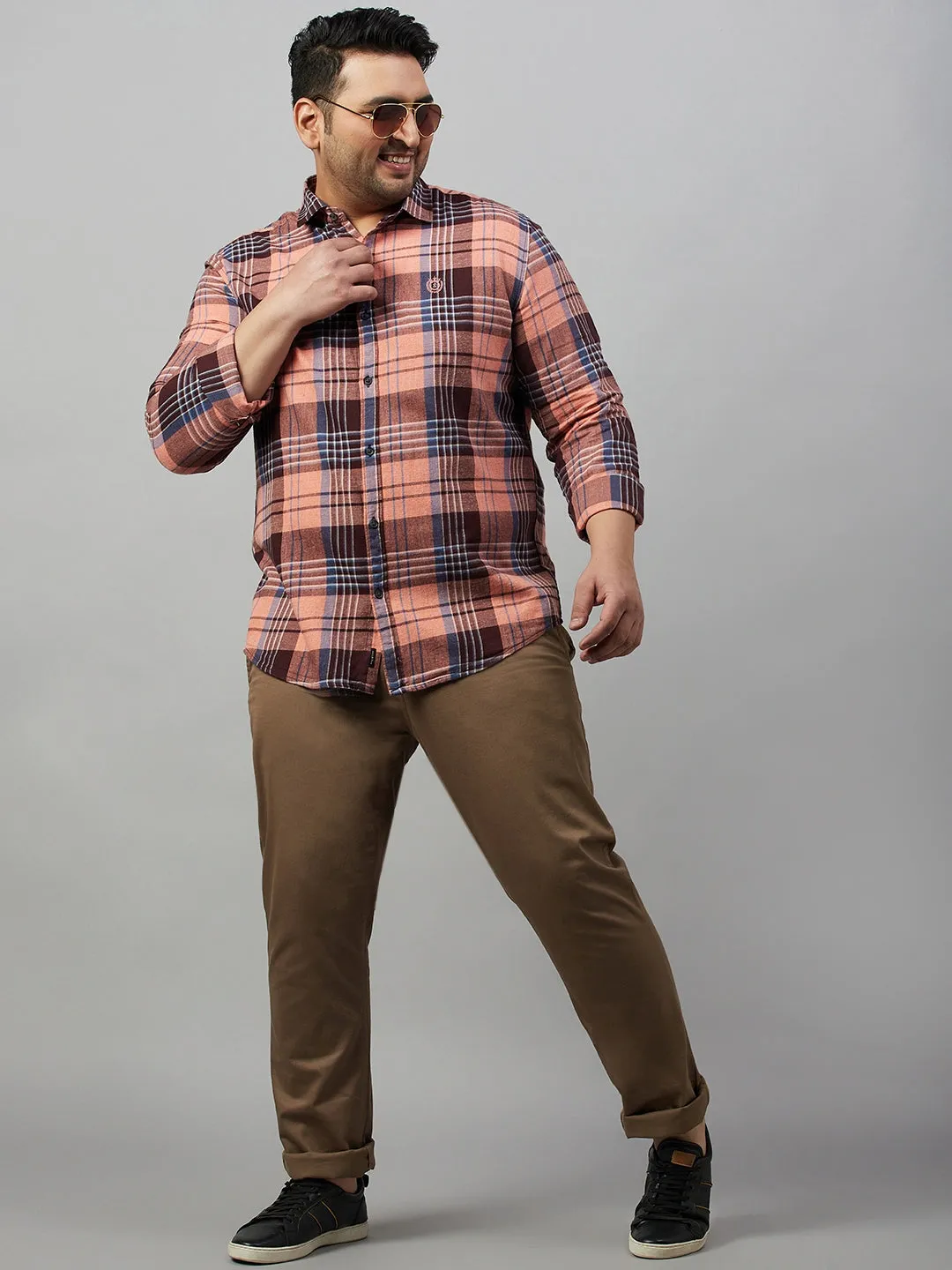Men Checked Peach Comfort Shirt