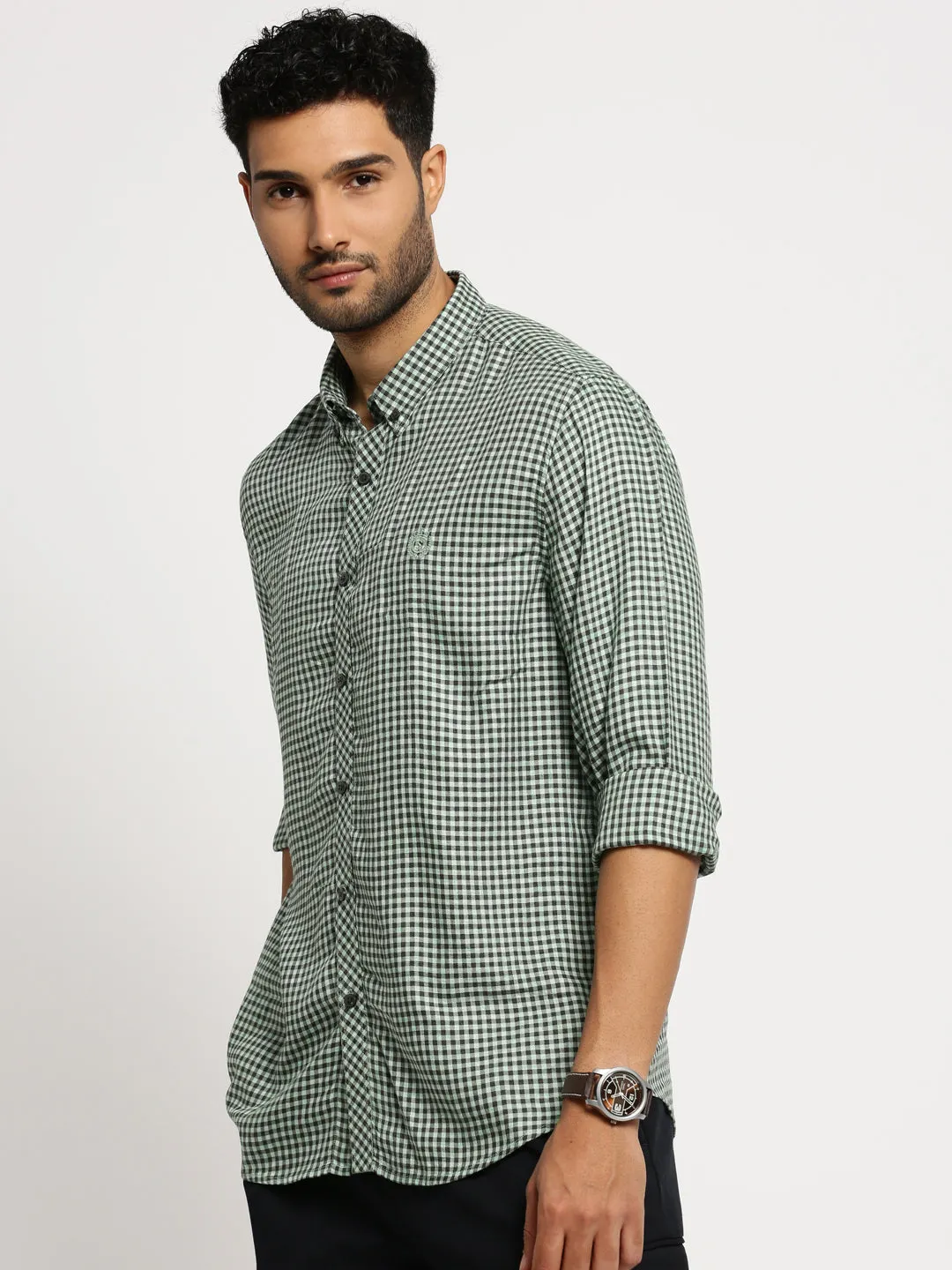 Men Green Spread Collar Gingham Checks Shirt
