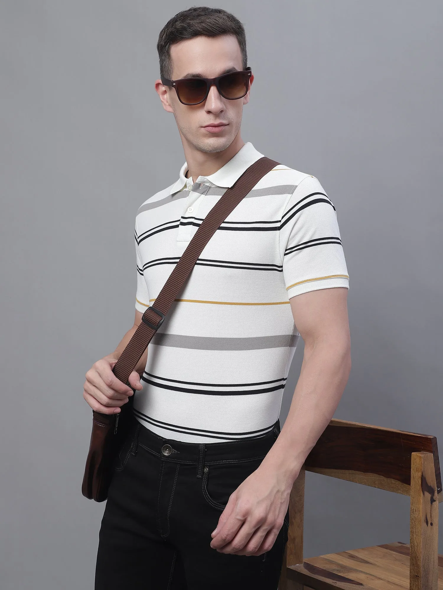 Men Off White Polo Neck T-Shirt