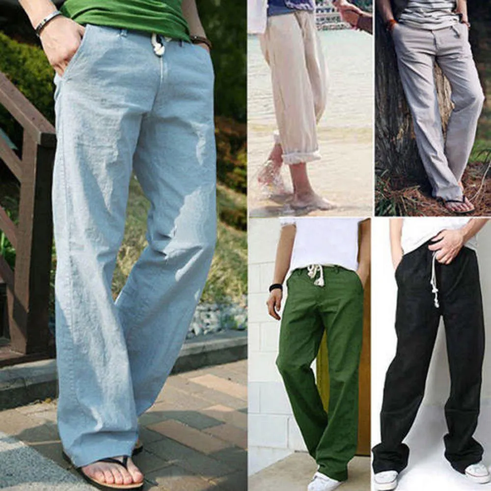 Mens Comfort Linen Pants Trousers Loose Summer Beach Casual