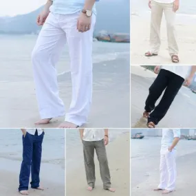 Mens Comfort Linen Pants Trousers Loose Summer Beach Casual