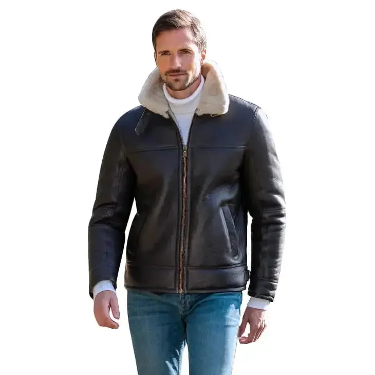 Men's Flying Sheepskin Shearling Leather Jacket Classic Aviator Style
