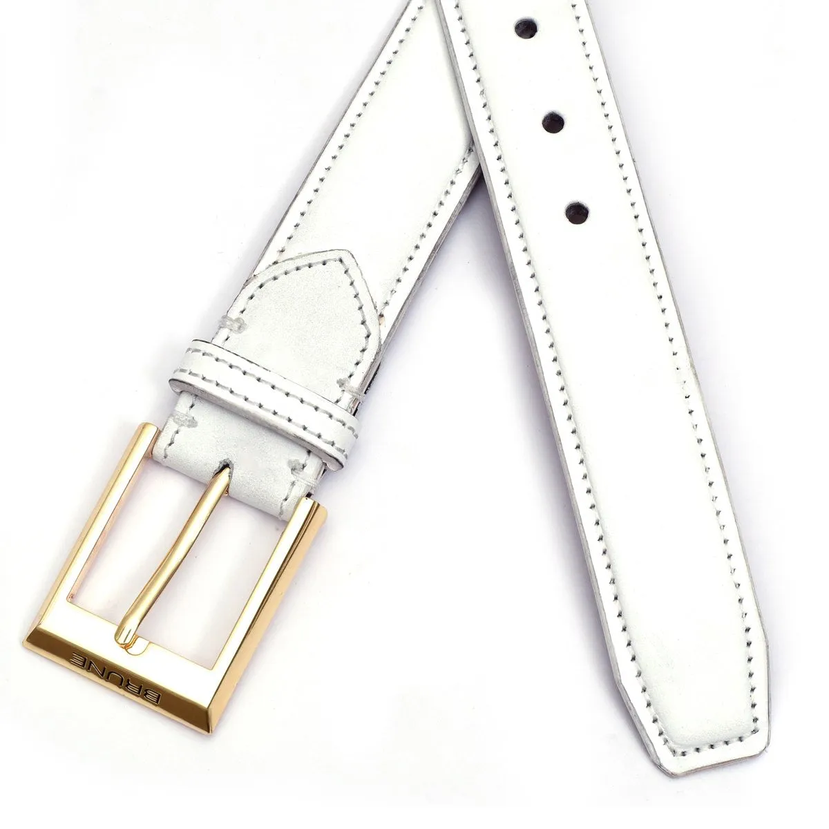 Men's White Hand Painted Leather formal Belt with Golden Square Buckle By Brune & Bareskin