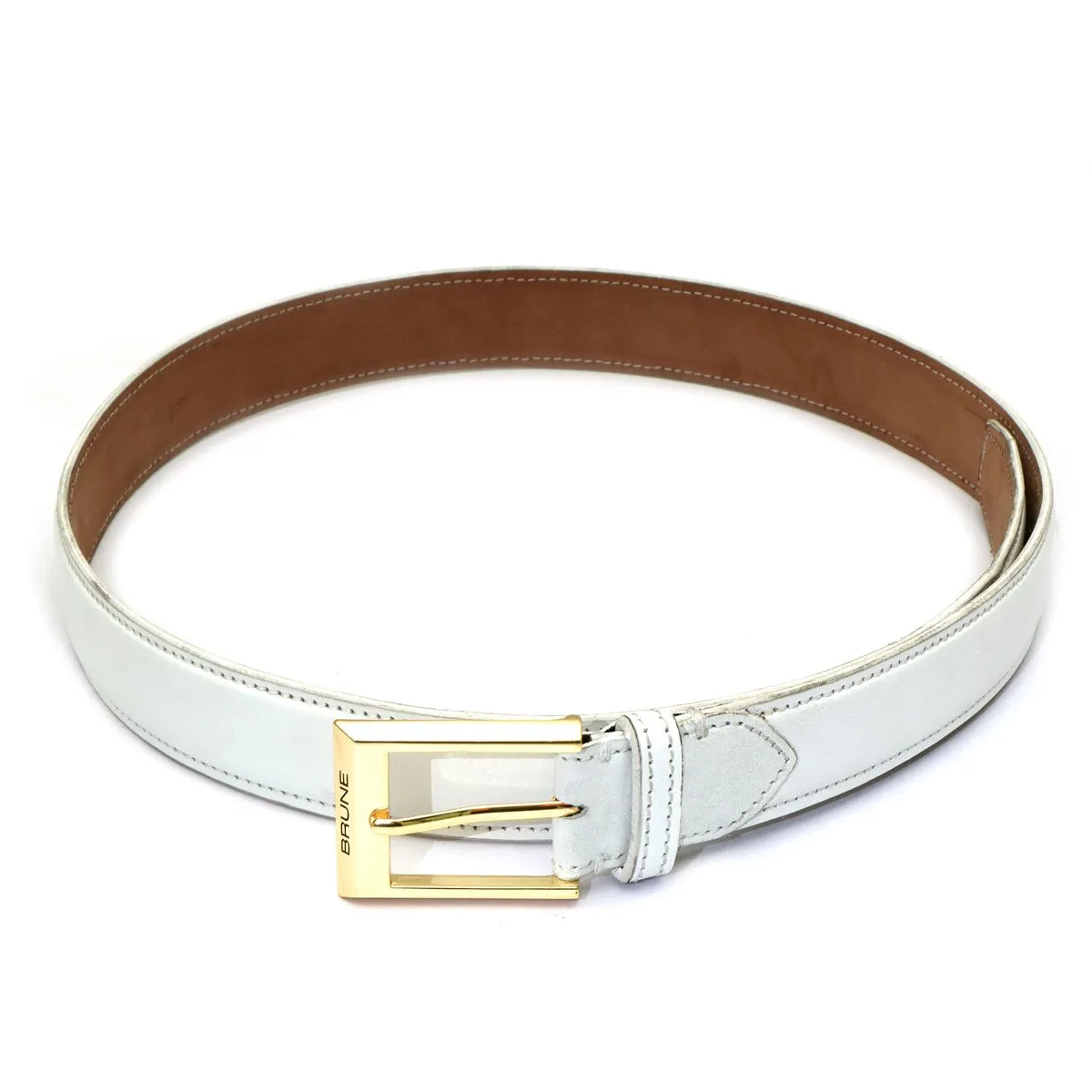 Men's White Hand Painted Leather formal Belt with Golden Square Buckle By Brune & Bareskin
