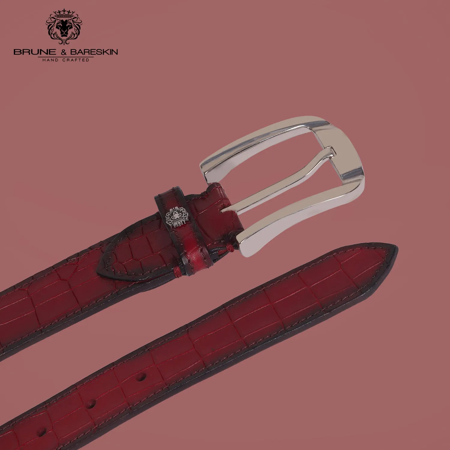 Mini Lion Wine Belt in Deep Cut Croco Textured Leather with Silver Buckle By Brune & Bareskin