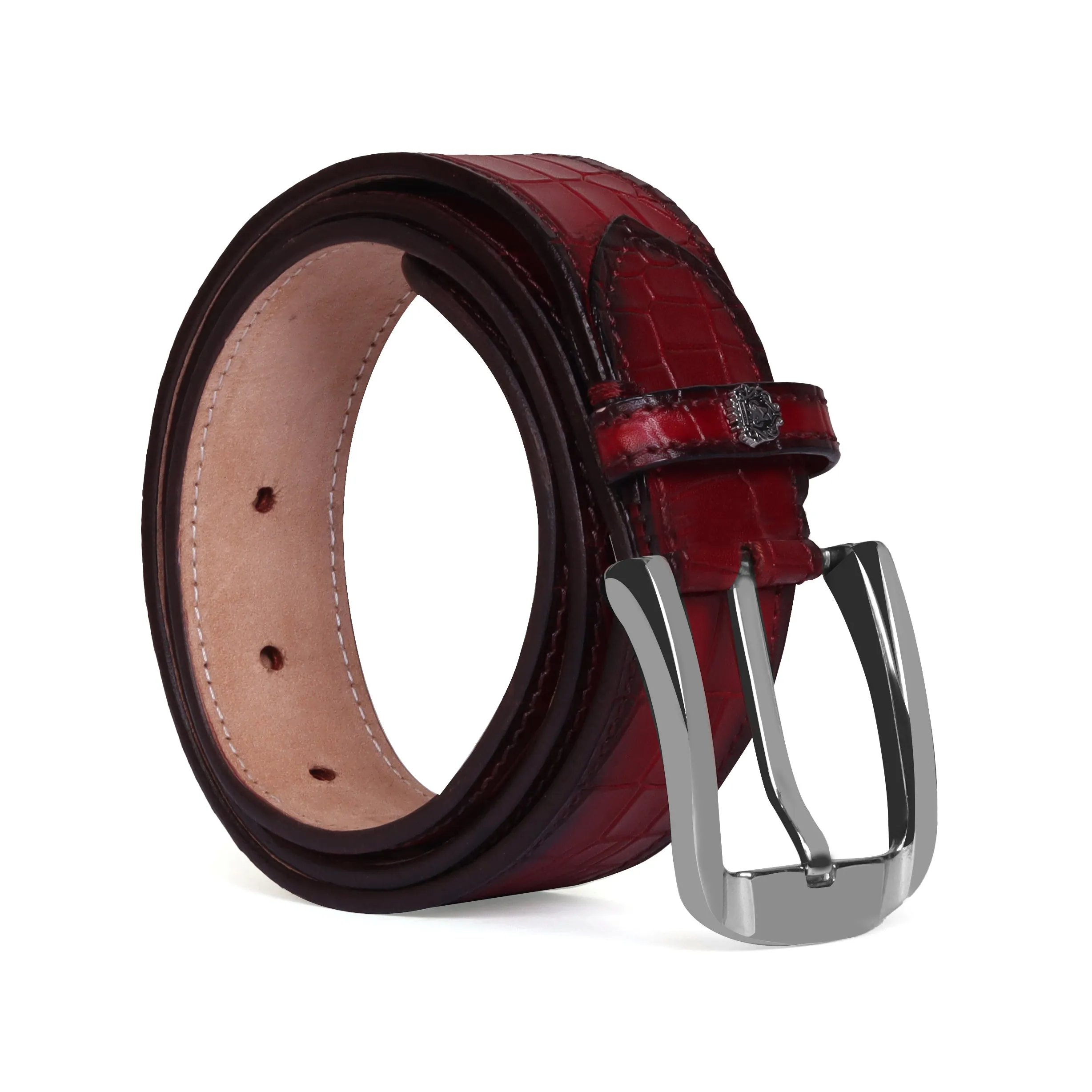Mini Lion Wine Belt in Deep Cut Croco Textured Leather with Silver Buckle By Brune & Bareskin
