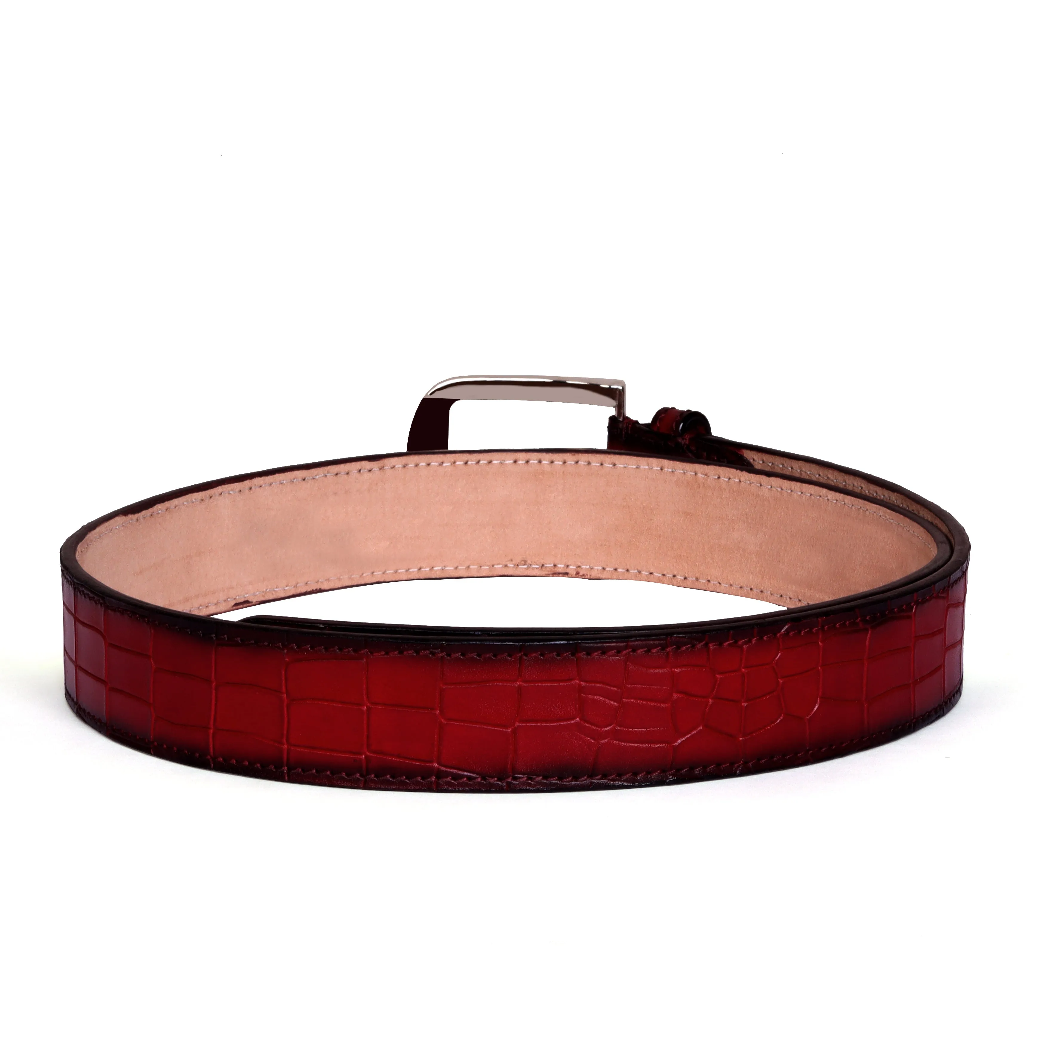 Mini Lion Wine Belt in Deep Cut Croco Textured Leather with Silver Buckle By Brune & Bareskin