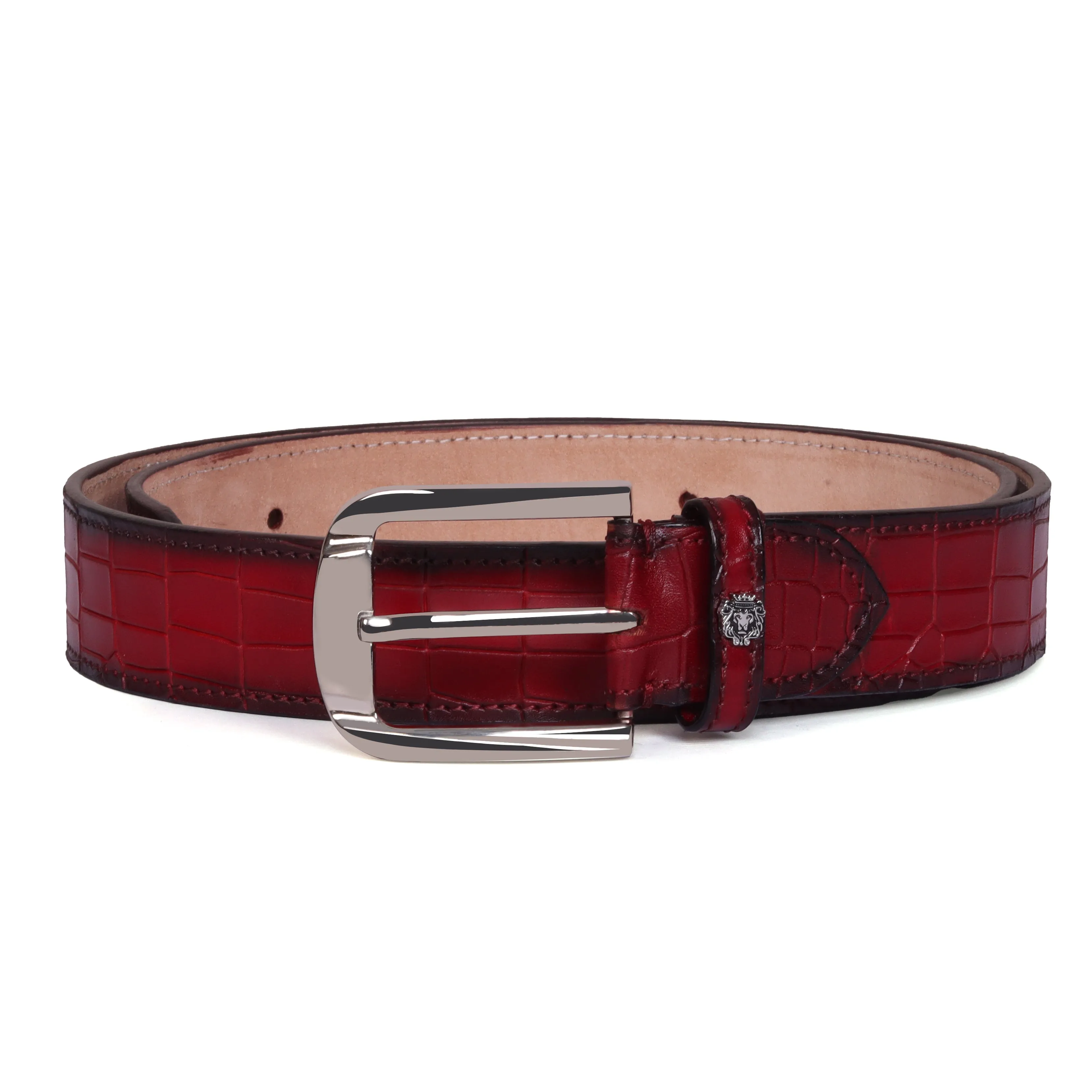 Mini Lion Wine Belt in Deep Cut Croco Textured Leather with Silver Buckle By Brune & Bareskin