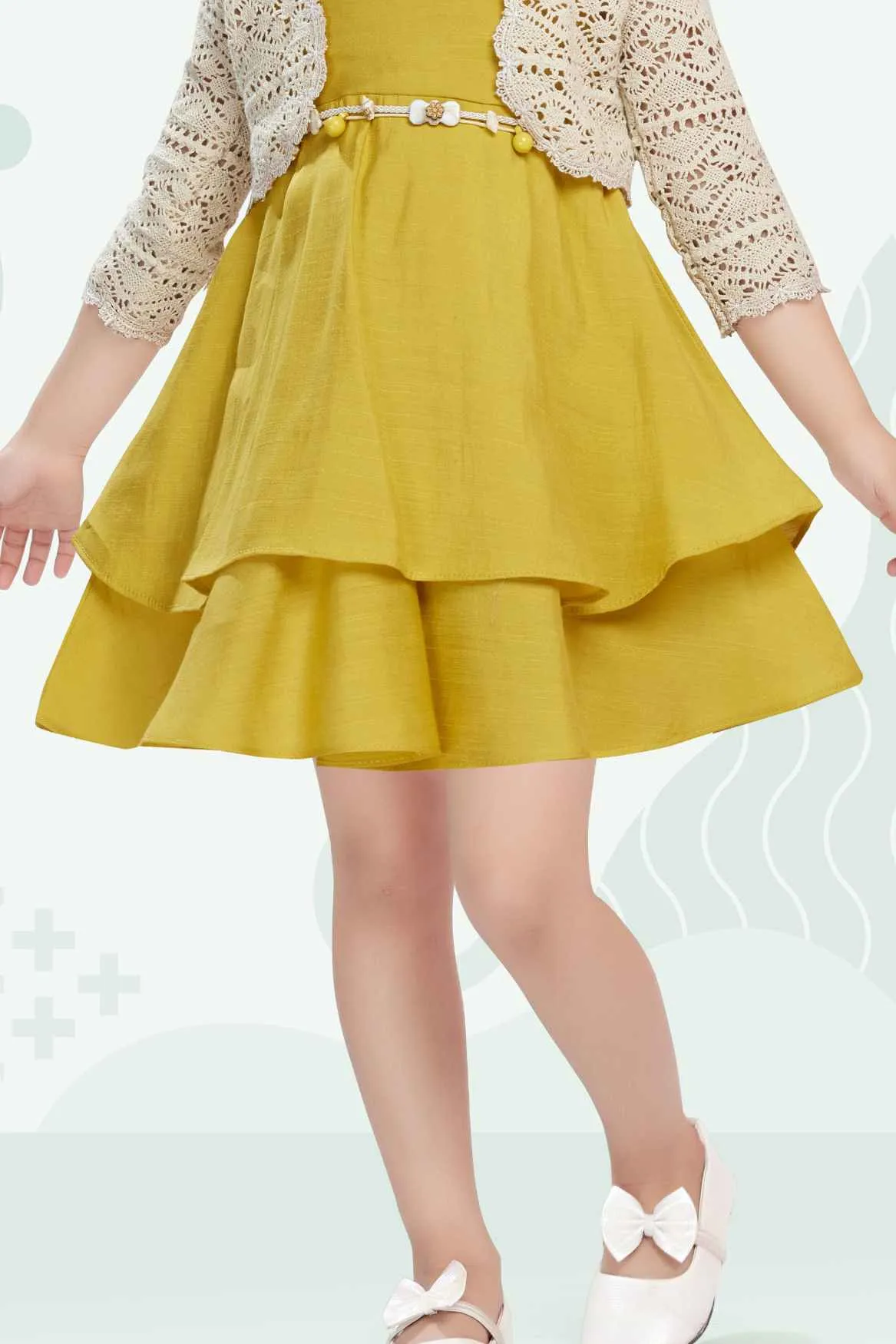 Mustard Frock With 3/4th Sleeves Crochet Overcoat For Girls