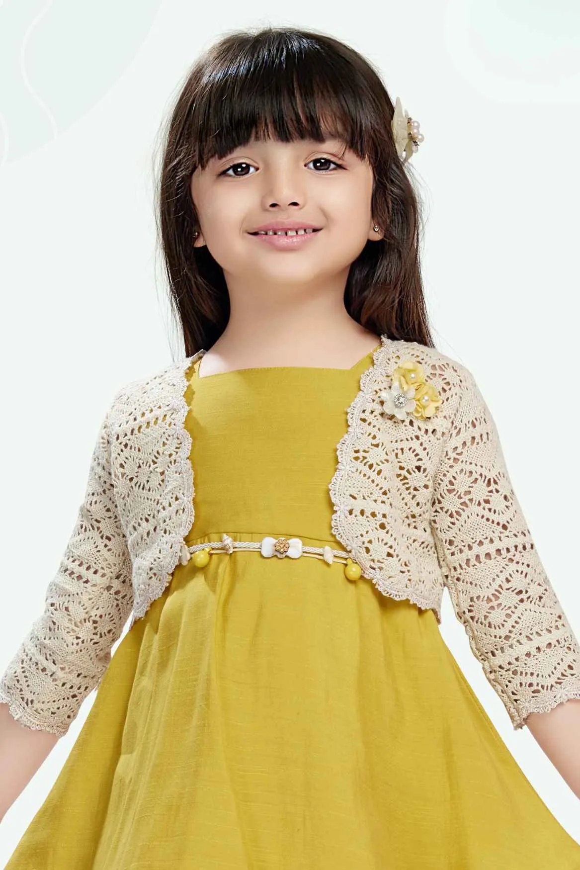 Mustard Frock With 3/4th Sleeves Crochet Overcoat For Girls